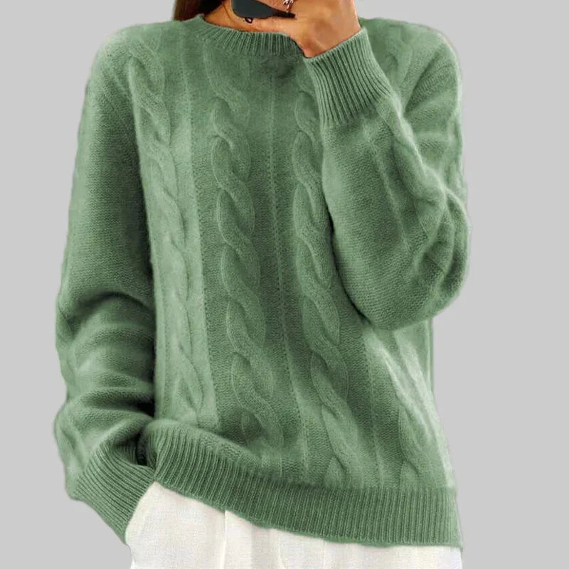 Women's winter cable knit sweater with high neck, ribbed hem & cuffs in Green
