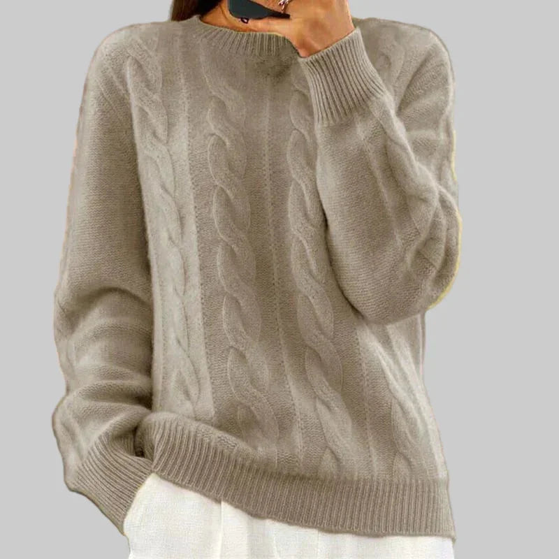 Women's winter cable knit sweater with high neck, ribbed hem & cuffs in Khaki