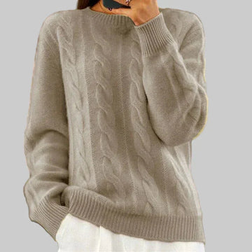 Women's winter cable knit sweater with high neck, ribbed hem & cuffs in Khaki