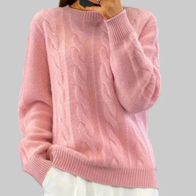 Women's winter cable knit sweater with high neck, ribbed hem & cuffs in Pink