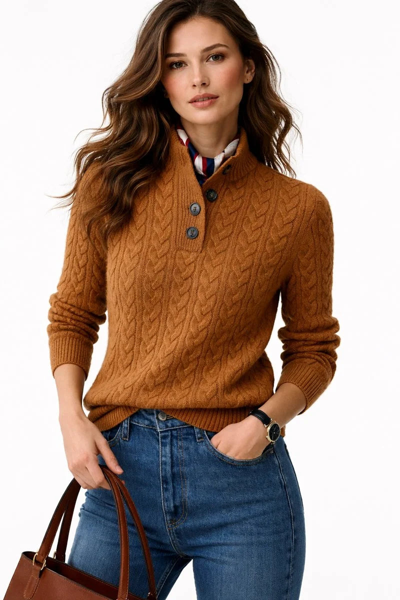 Women's winter cable knit sweater with stand collar buttons in Brown