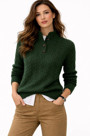 Women's winter cable knit sweater with stand collar buttons in Green