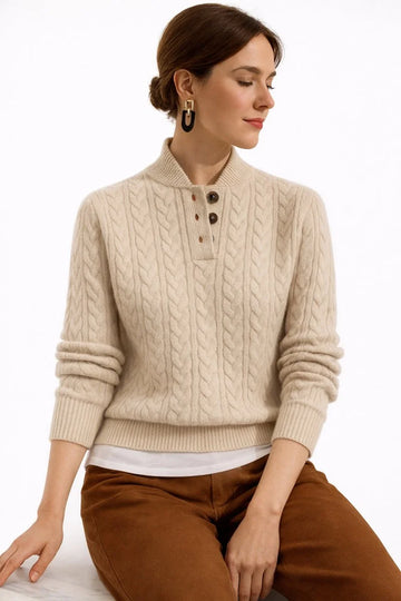 Women's winter cable knit sweater with stand collar buttons in Khaki
