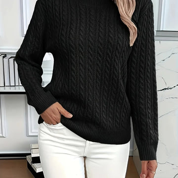 Women's relaxed fit cable-knit round neck winter sweater in Black