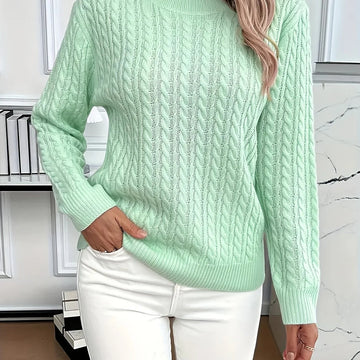 Women's relaxed fit cable-knit round neck winter sweater in Light Green