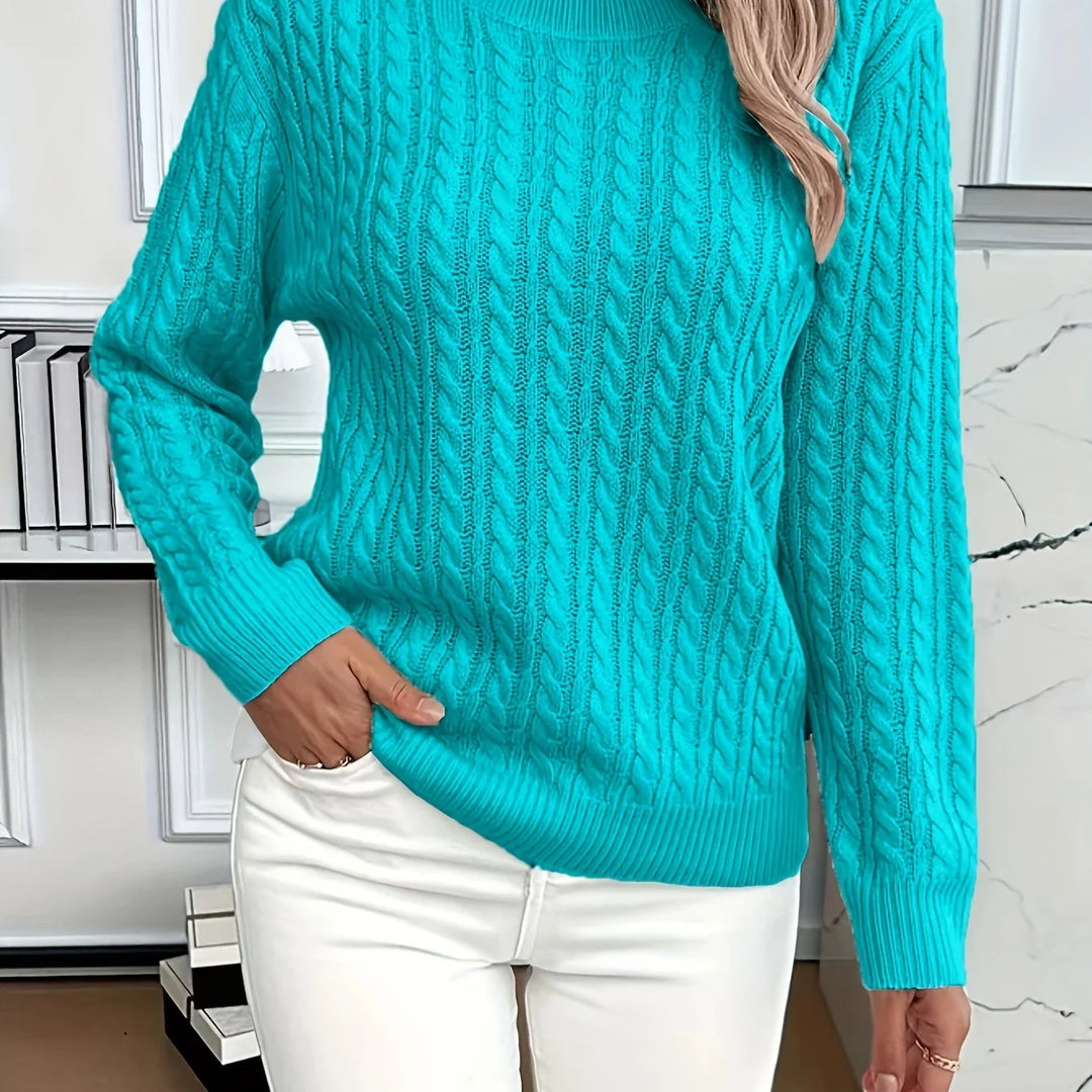 Women's relaxed fit cable-knit round neck winter sweater in Peacock Blue