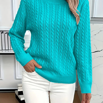 Women's relaxed fit cable-knit round neck winter sweater in Peacock Blue