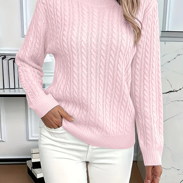 Women's relaxed fit cable-knit round neck winter sweater in Pink