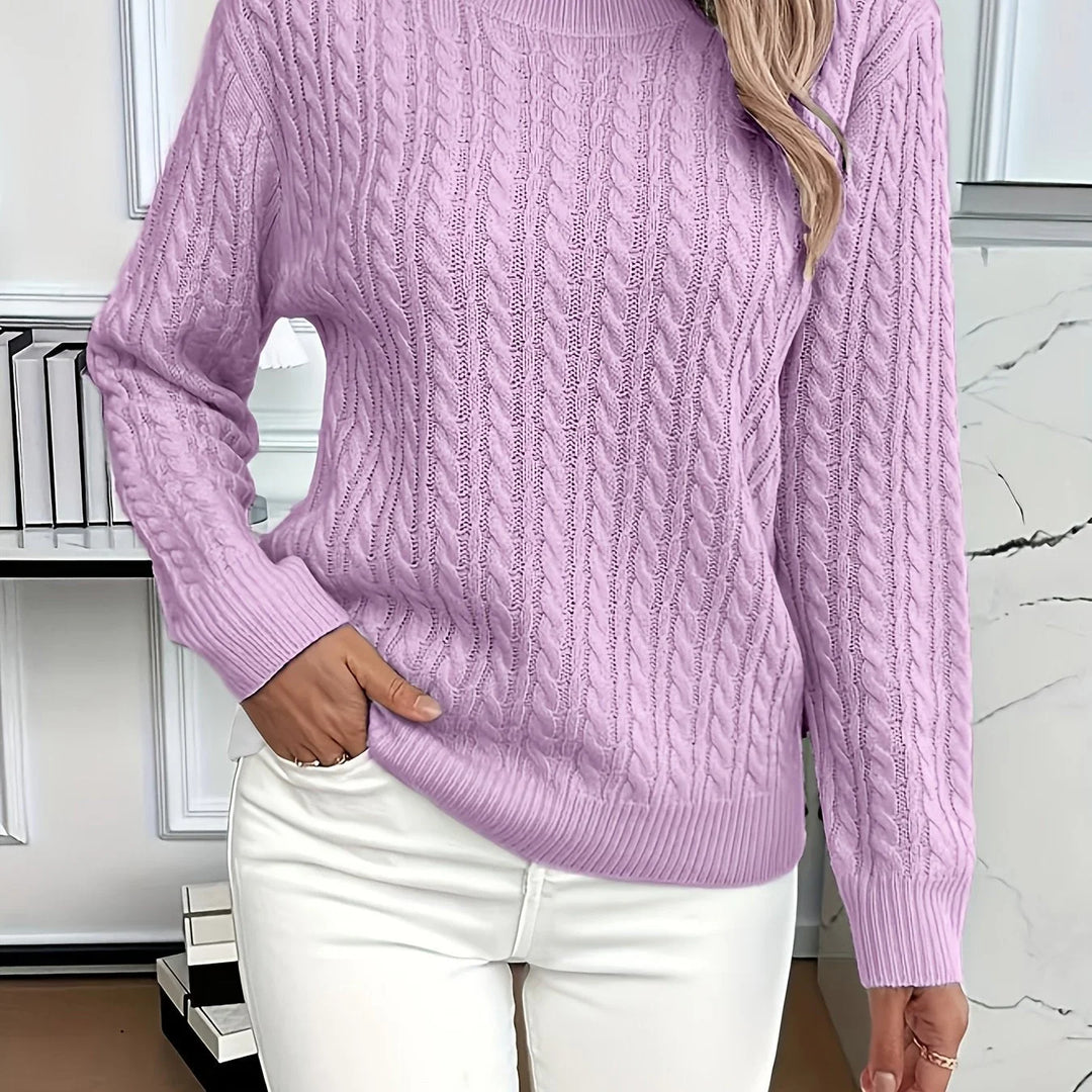 Women's relaxed fit cable-knit round neck winter sweater in Purple