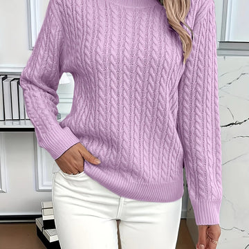 Women's relaxed fit cable-knit round neck winter sweater in Purple
