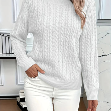 Women's relaxed fit cable-knit round neck winter sweater in White