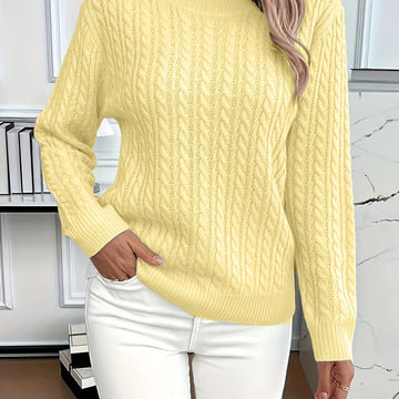 Women's relaxed fit cable-knit round neck winter sweater in Yellow