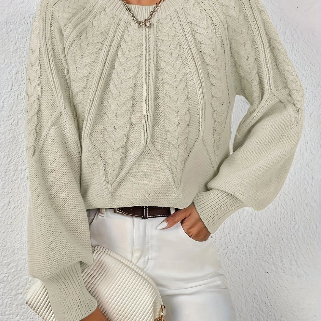 Women's cable knit round neck raglan winter sweater in Beige