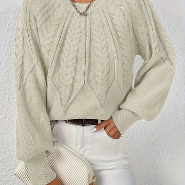 Women's cable knit round neck raglan winter sweater in Beige