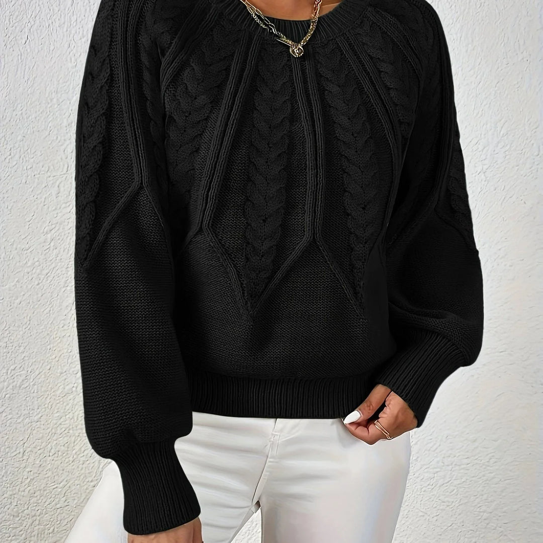 Women's cable knit round neck raglan winter sweater in Black