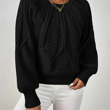 Women's cable knit round neck raglan winter sweater in Black