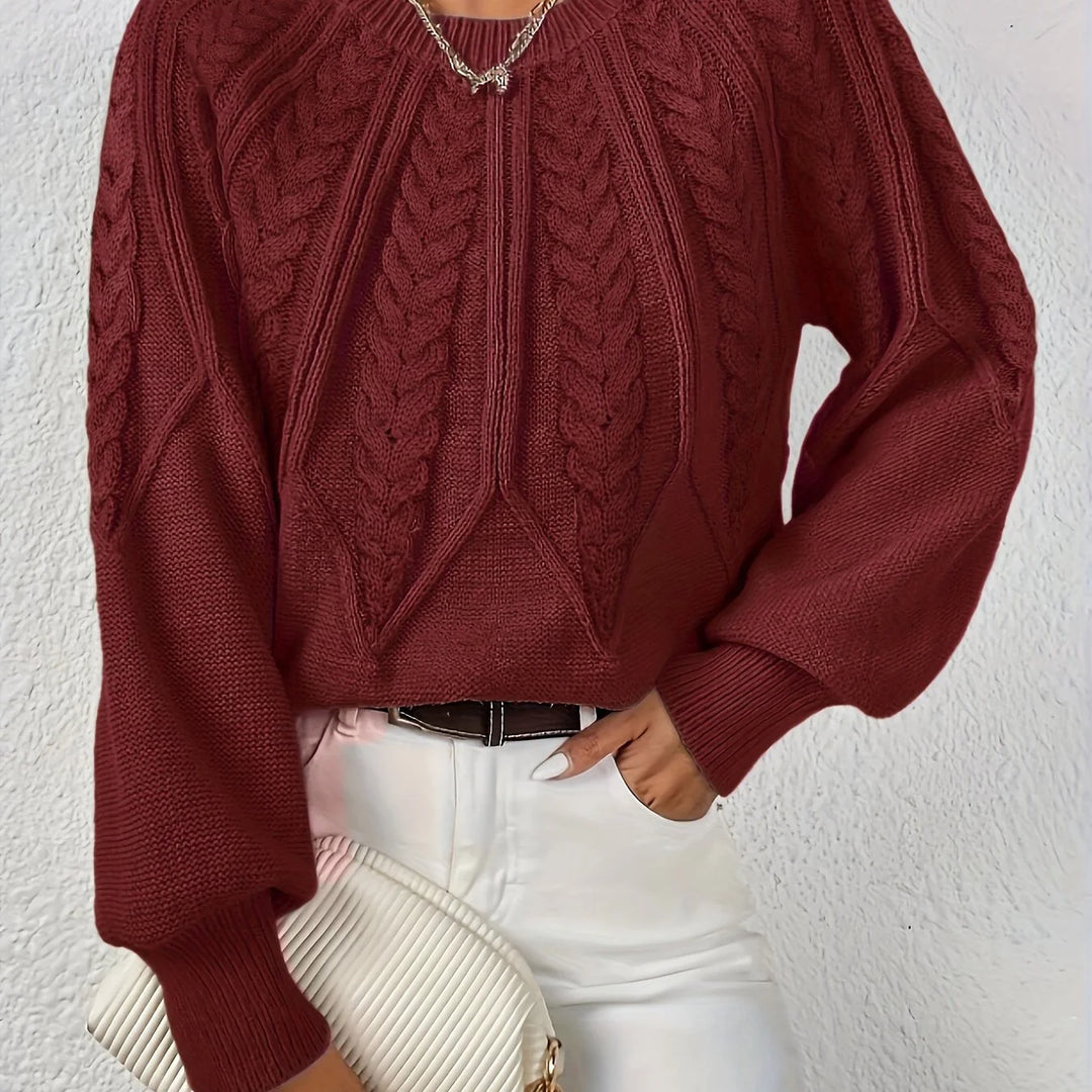 Women's cable knit round neck raglan winter sweater in Burgundy
