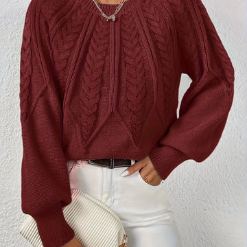 Women's cable knit round neck raglan winter sweater in Burgundy