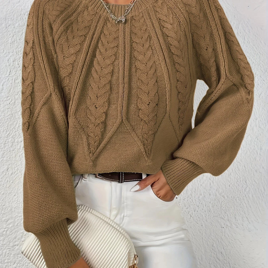 Women's cable knit round neck raglan winter sweater in Camel