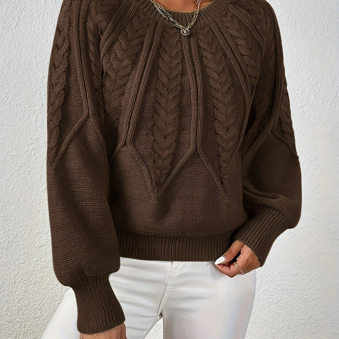 Women's cable knit round neck raglan winter sweater in Coffee Brown