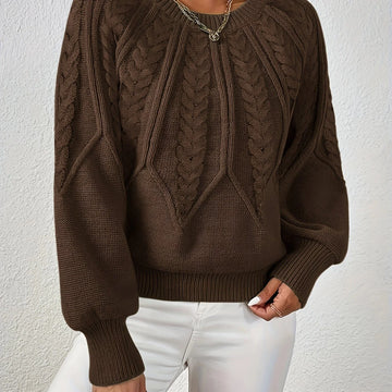 Women's cable knit round neck raglan winter sweater in Coffee Brown