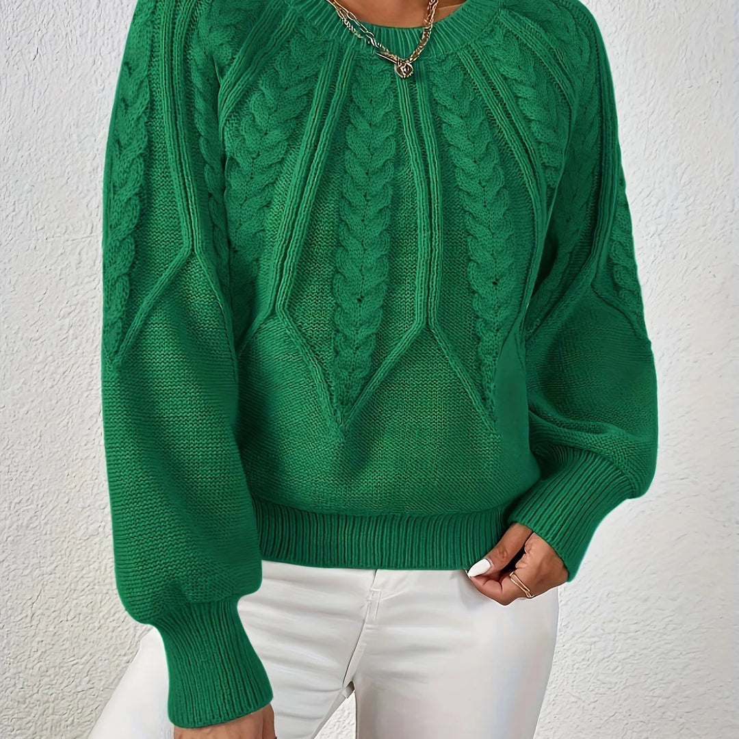 Women's cable knit round neck raglan winter sweater in Green