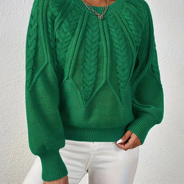 Women's cable knit round neck raglan winter sweater in Green