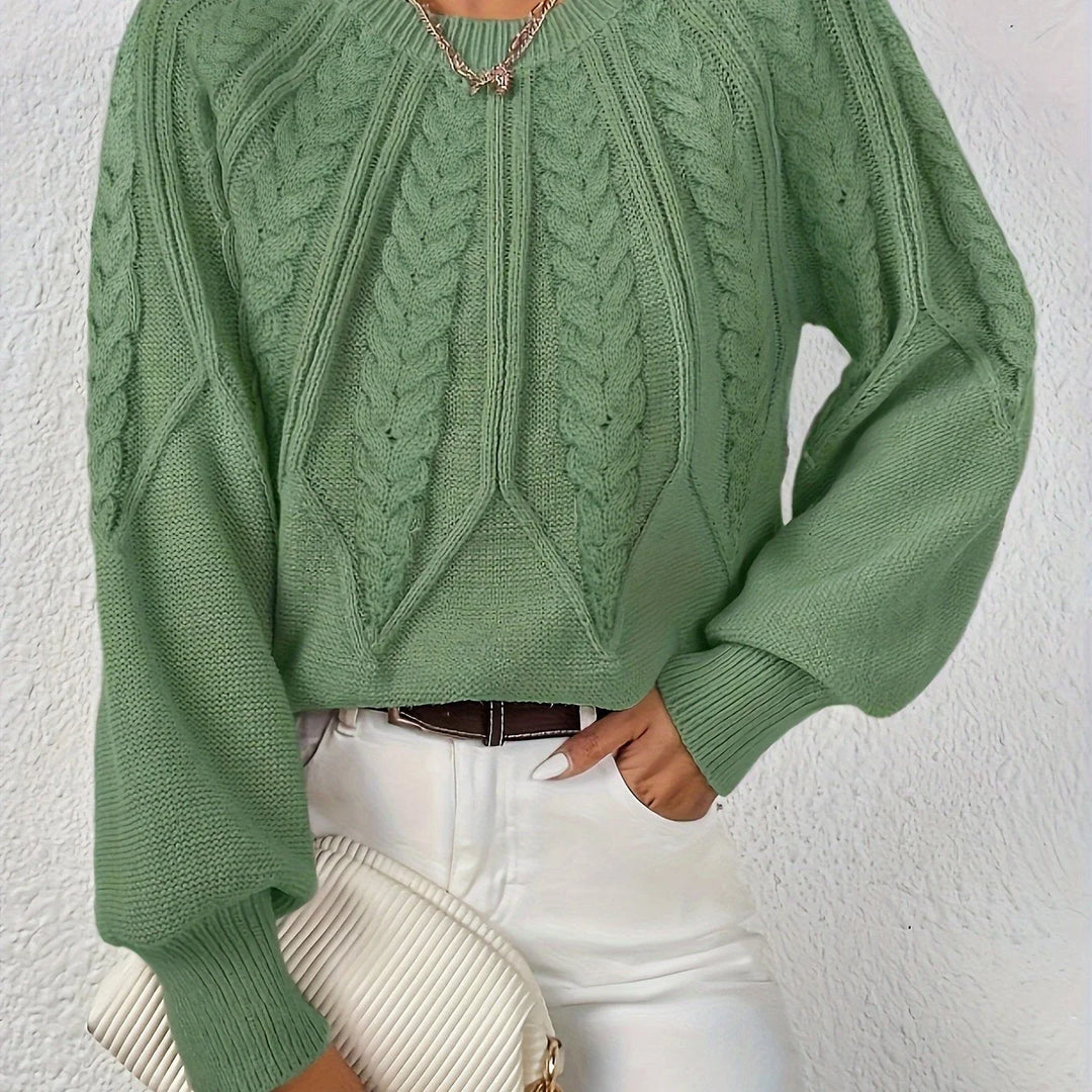 Women's cable knit round neck raglan winter sweater in Matcha