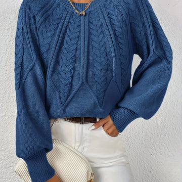 Women's cable knit round neck raglan winter sweater in Navy