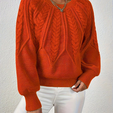 Women's cable knit round neck raglan winter sweater in Orange Red