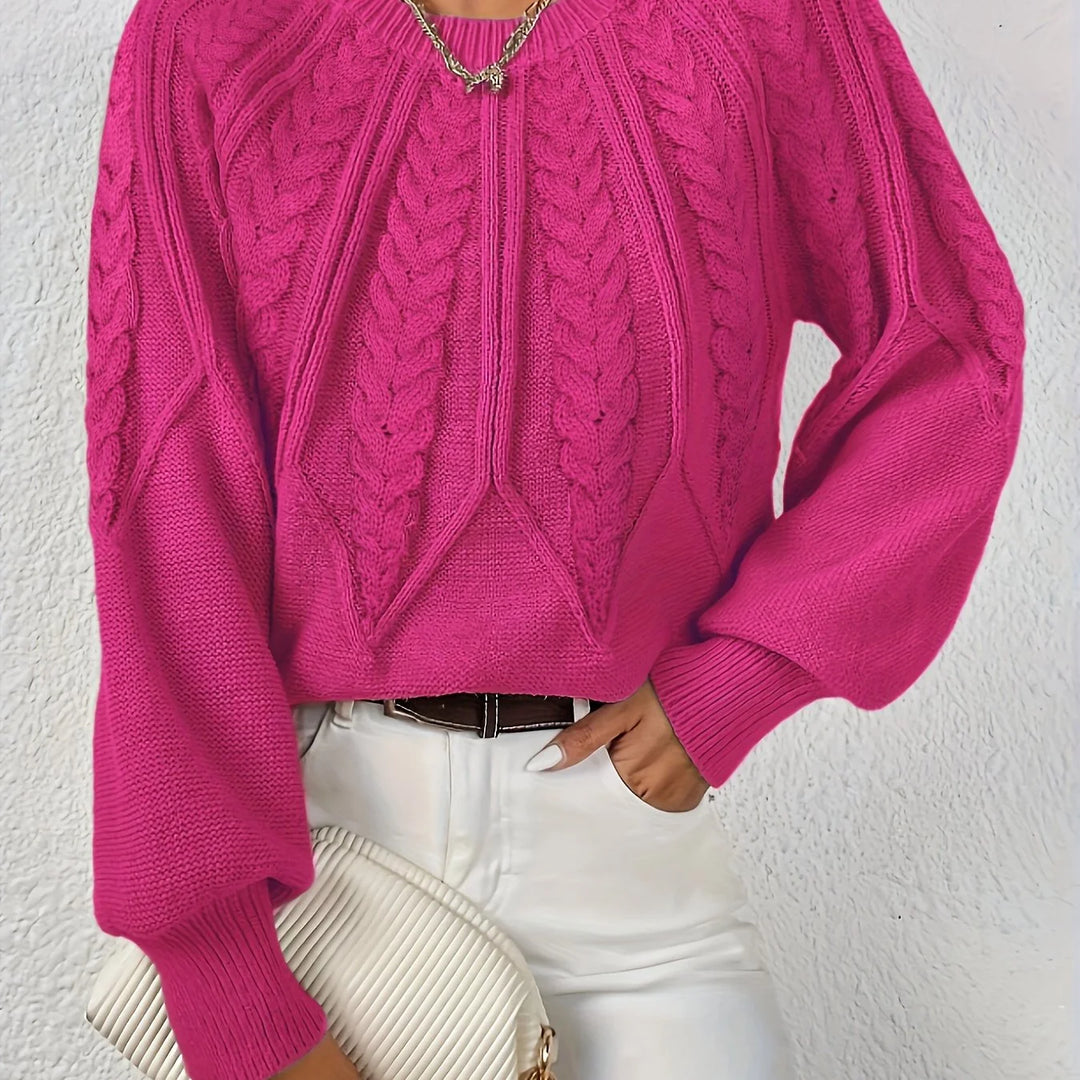 Women's cable knit round neck raglan winter sweater in Rose Red