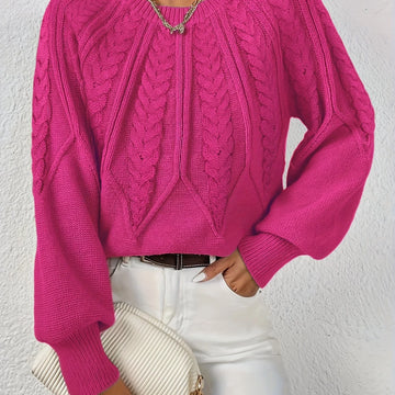 Women's cable knit round neck raglan winter sweater in Rose Red