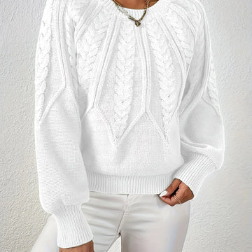Women's cable knit round neck raglan winter sweater in White