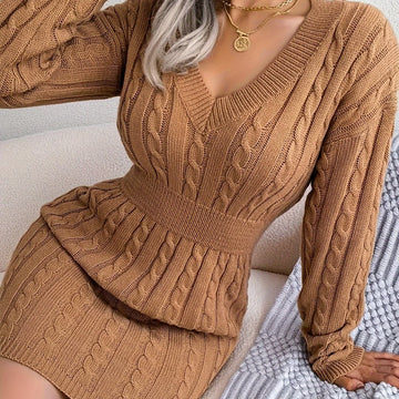 Women's cable knit winter sweater dress in Camel