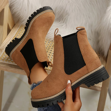 Women's winter ankle chelsea boots with elastic side panels and pull tabs in Khaki