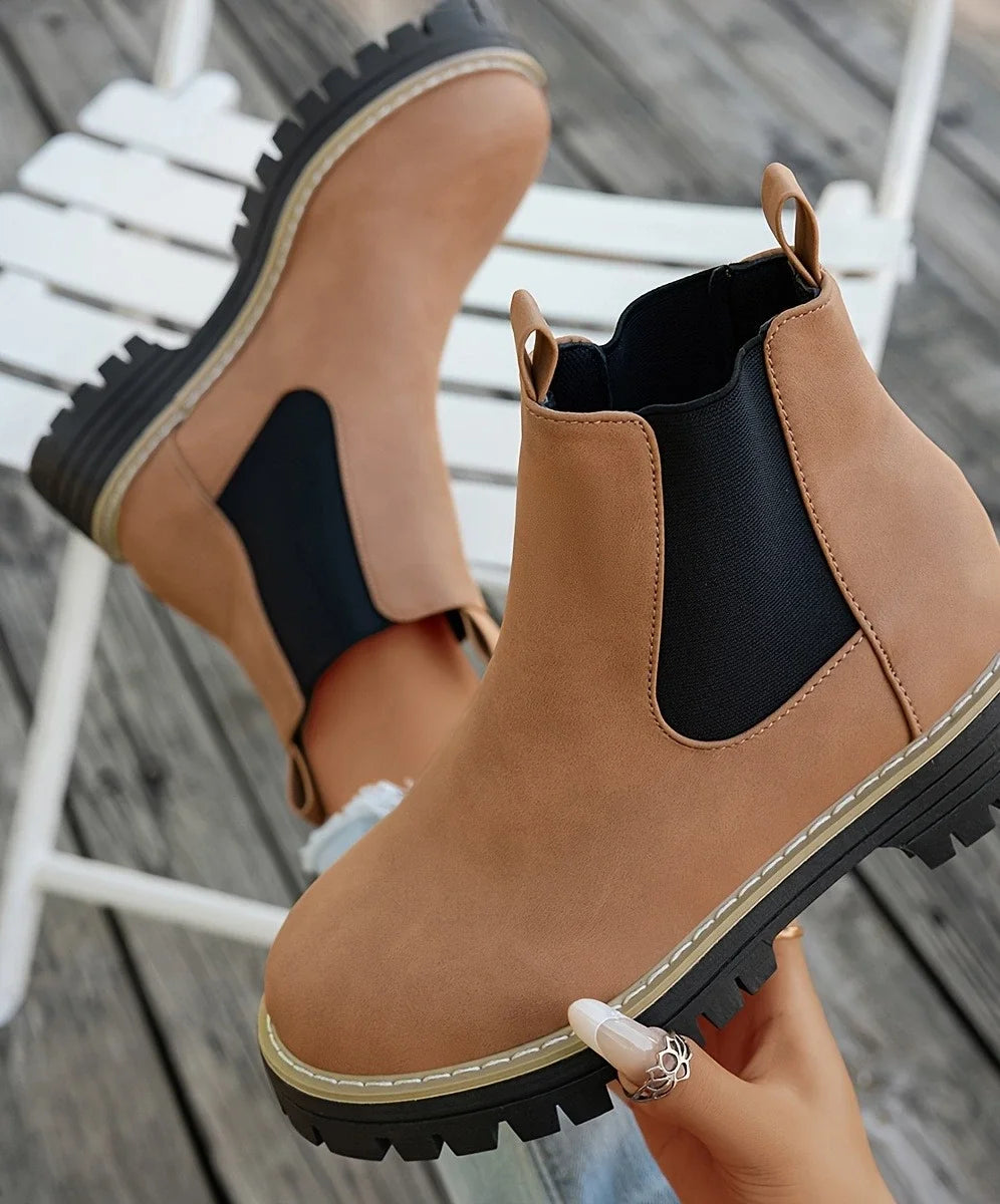 Women's winter ankle chelsea boots with elastic side panels and pull tabs in Tan