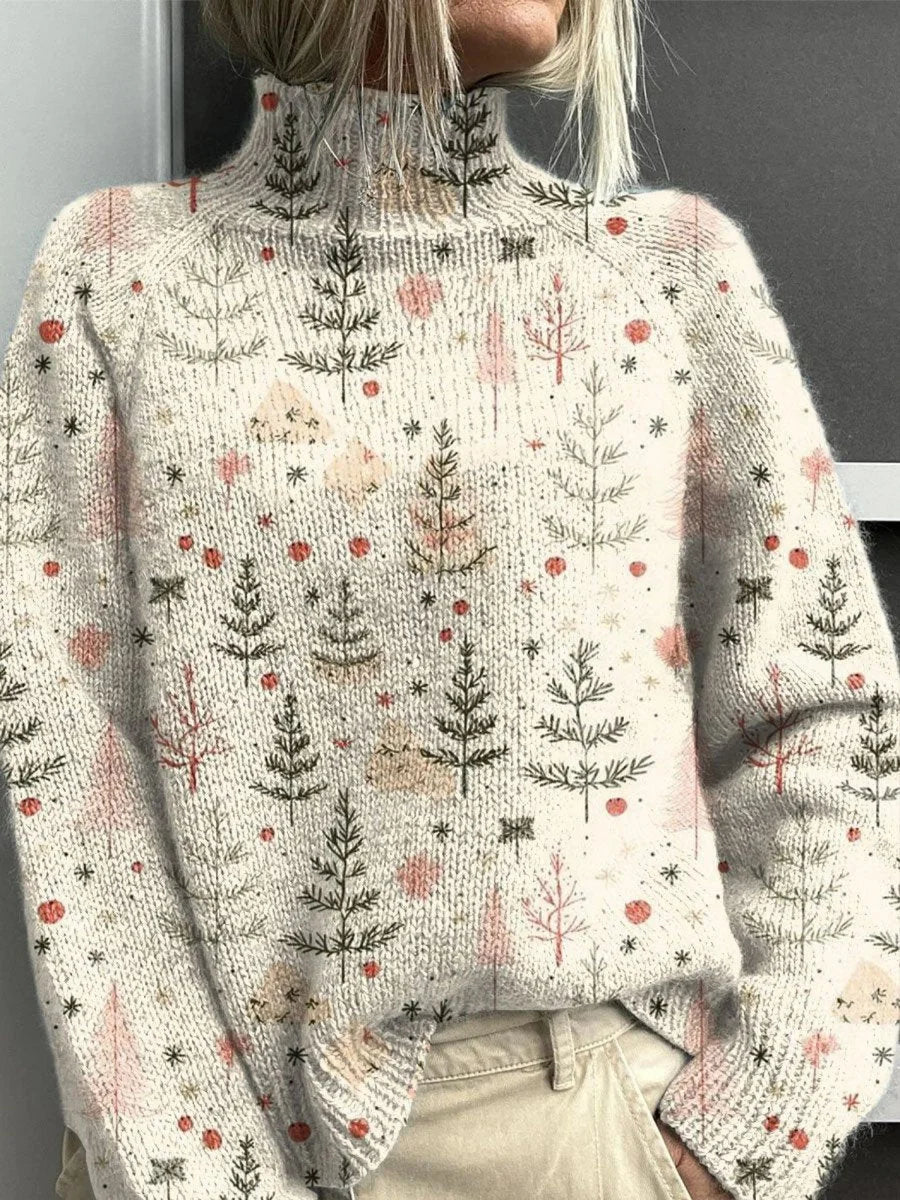Women's winter roll neck sweater relaxed fit Christmas tree print in Multicolor