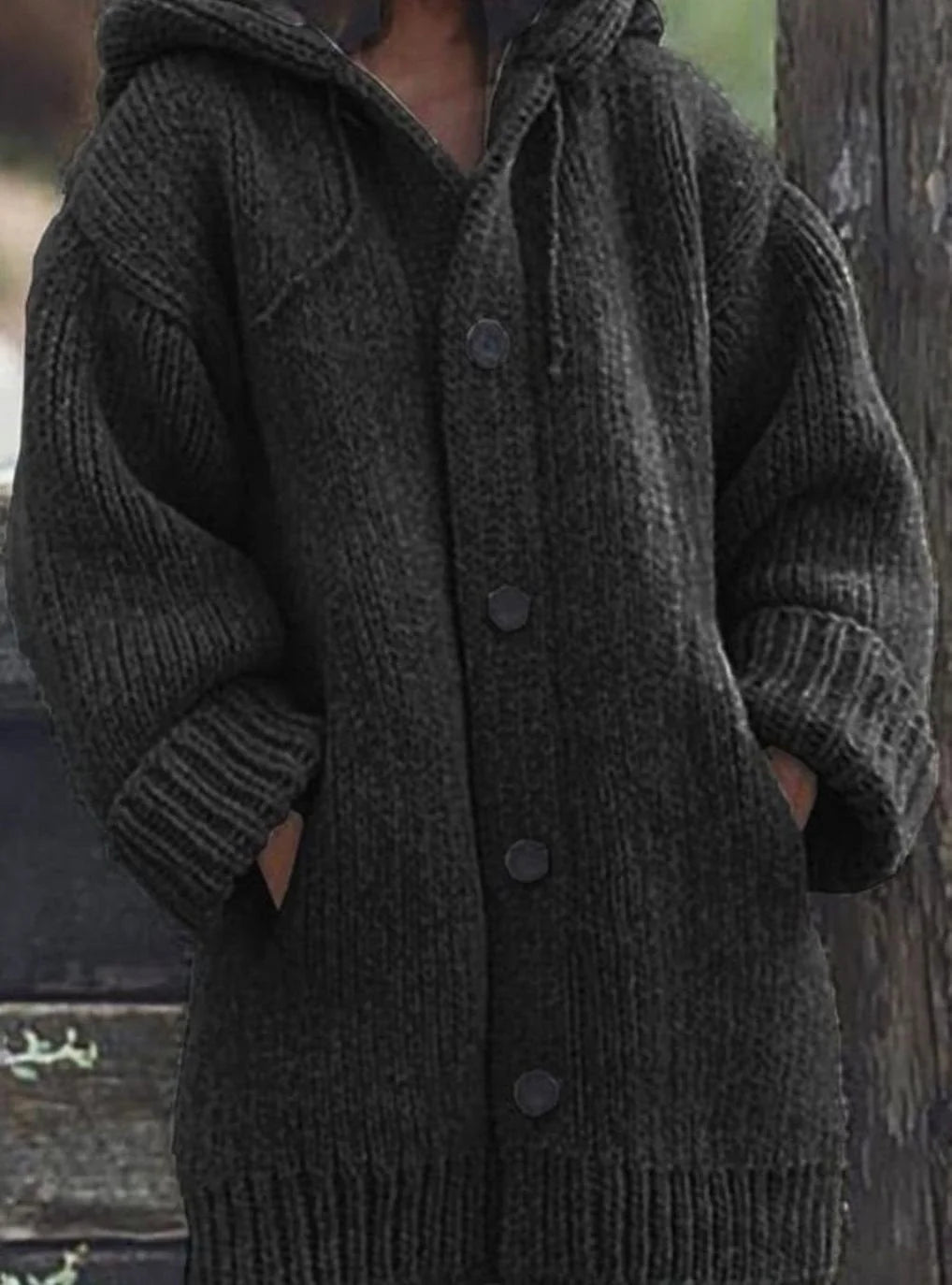 Women's chunky knit hooded winter oversized cardigan sweater in Black