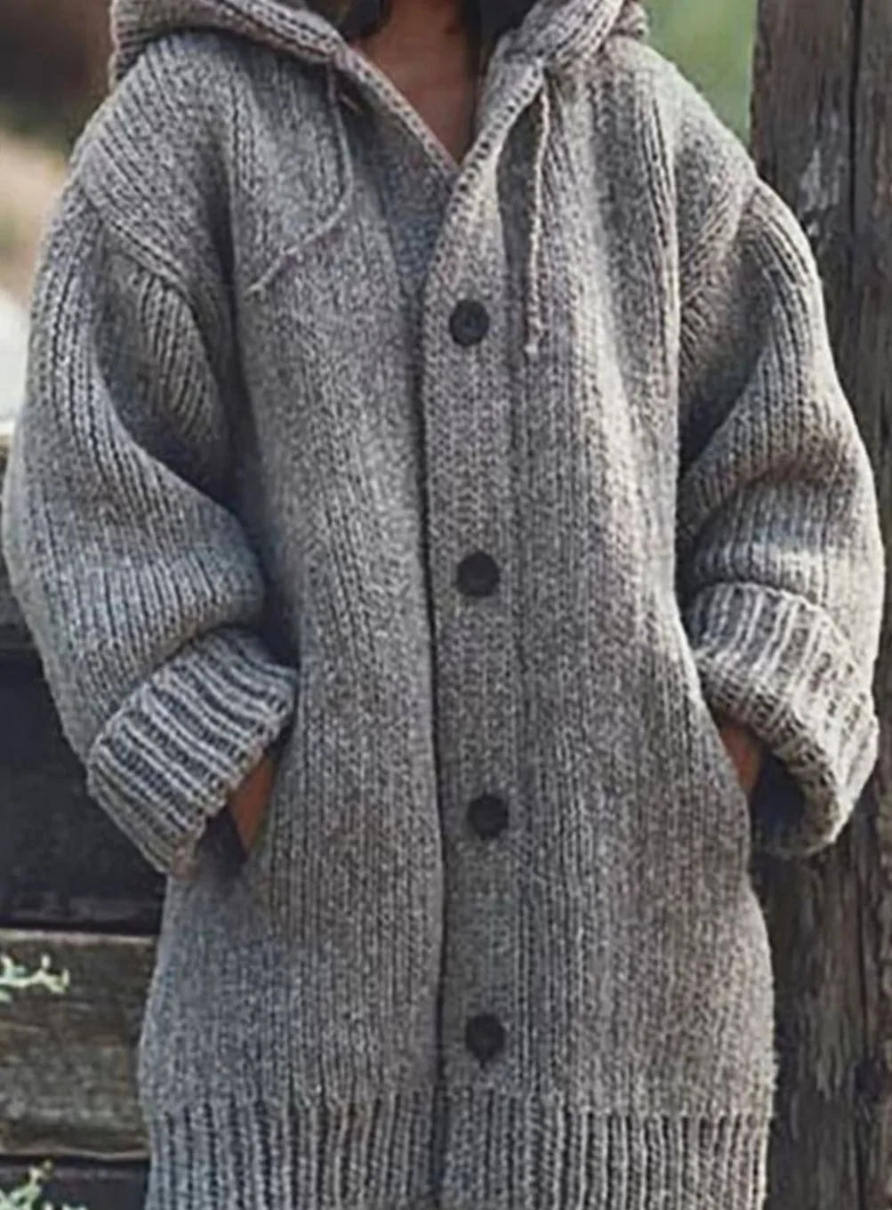 Women's chunky knit hooded winter oversized cardigan sweater in Gray