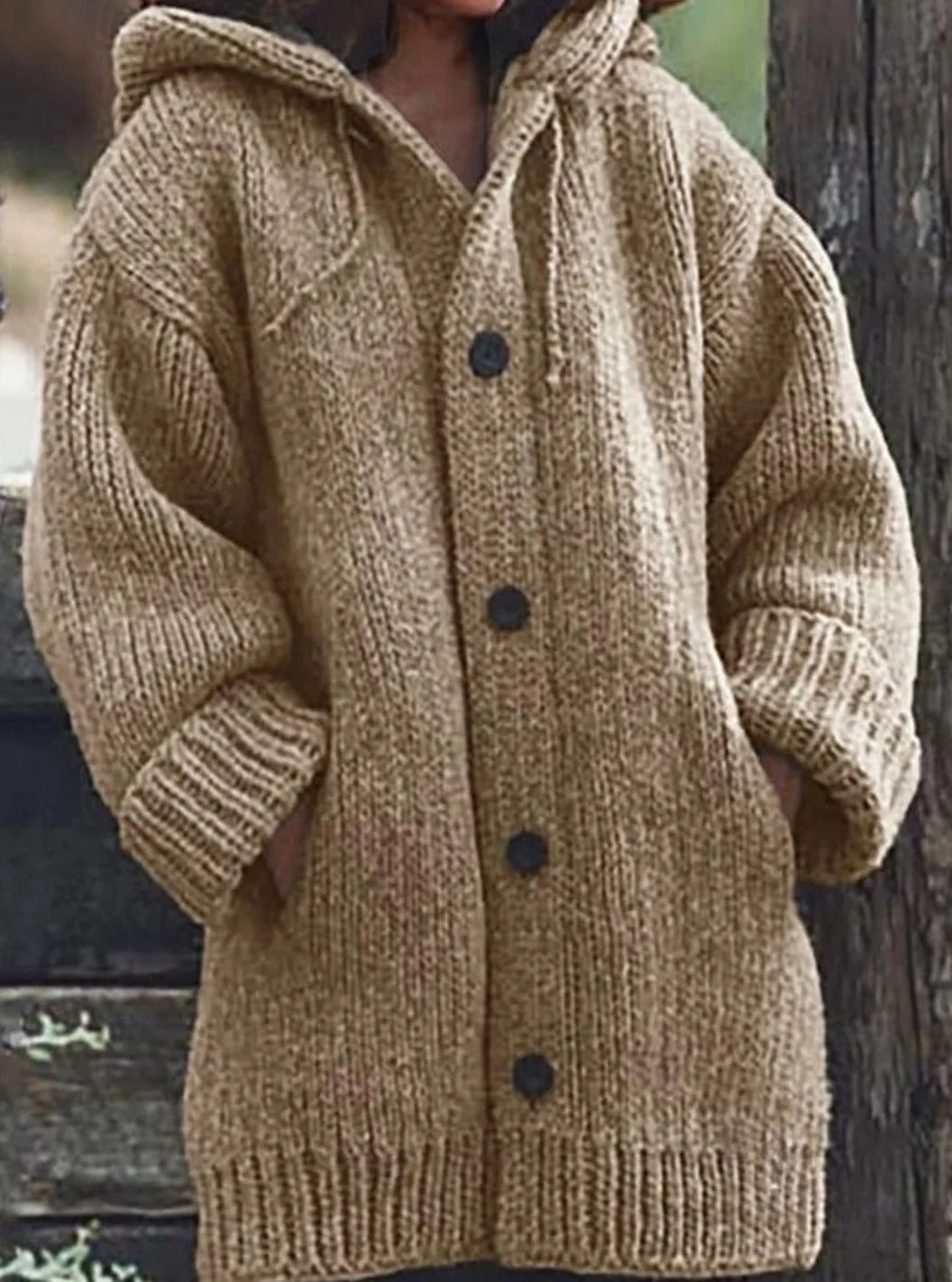 Women's chunky knit hooded winter oversized cardigan sweater in Khaki