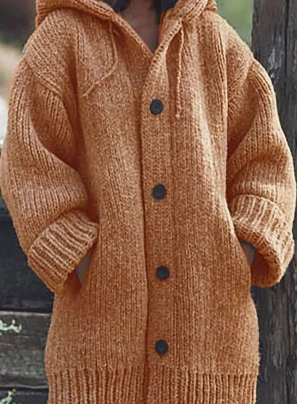 Women's chunky knit hooded winter oversized cardigan sweater in Orange