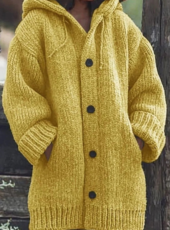 Women's chunky knit hooded winter oversized cardigan sweater in Yellow