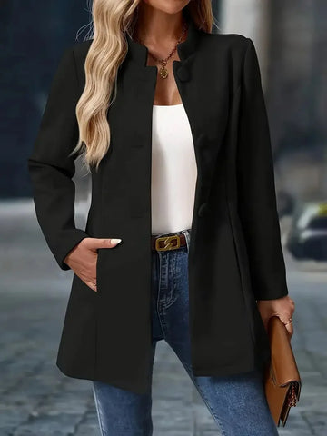 Women's collarless button-front blazer winter jacket in Black