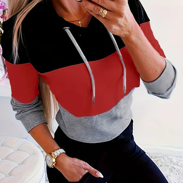 Women's comfy color block winter hoodie in Black Red