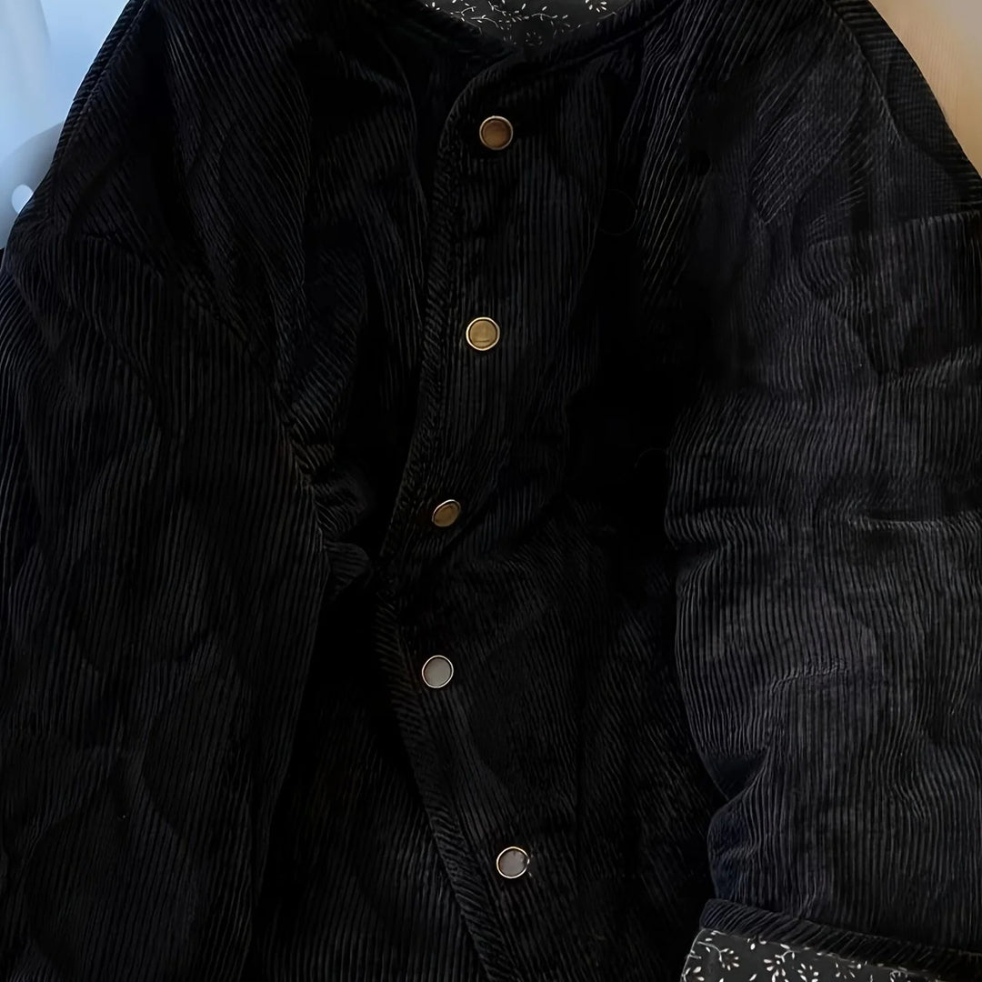 Women's corduroy quilted cropped winter puffer jacket in Black