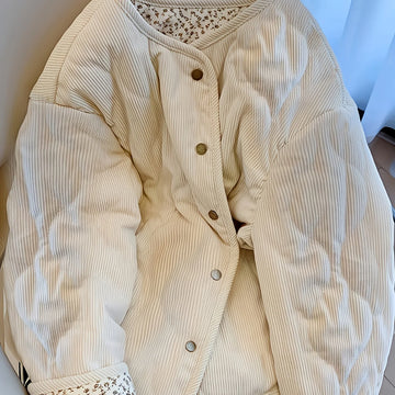 Women's corduroy quilted cropped winter puffer jacket in Black