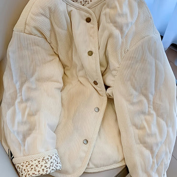 Women's corduroy quilted cropped winter puffer jacket in Cream