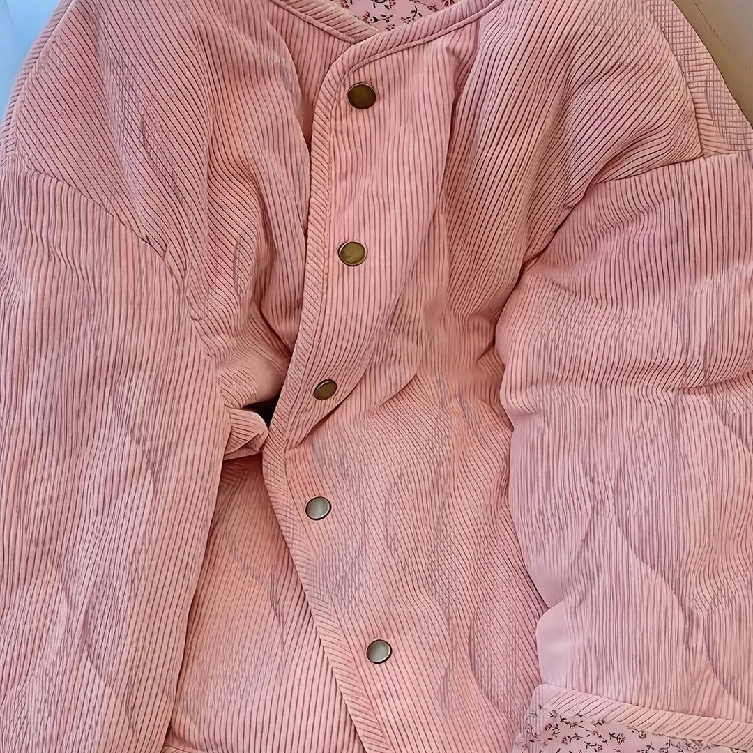 Women's corduroy quilted cropped winter puffer jacket in Peach