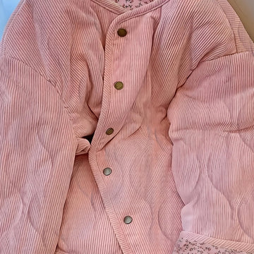 Women's corduroy quilted cropped winter puffer jacket in Peach