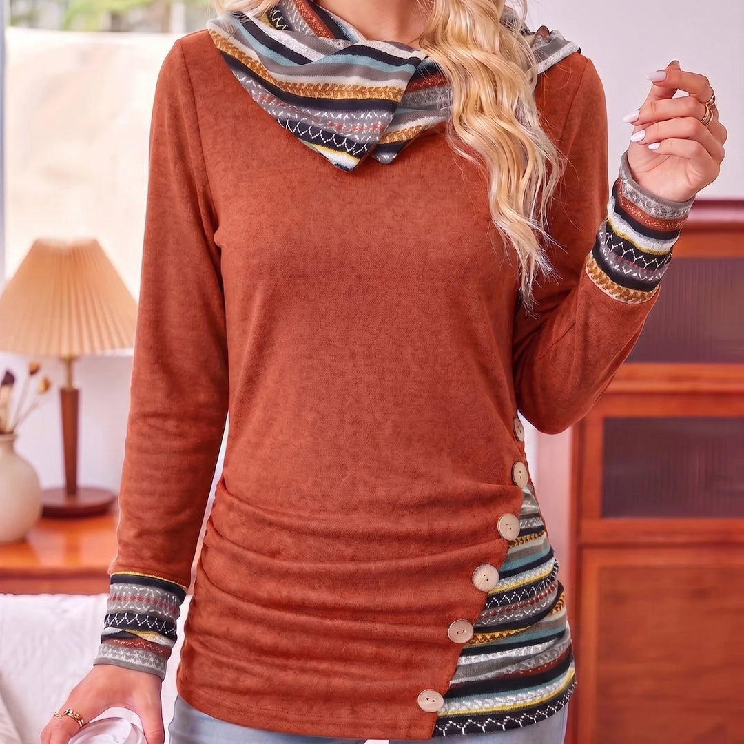 Women's cowl neck striped chunky knit winter sweater in Brick Red
